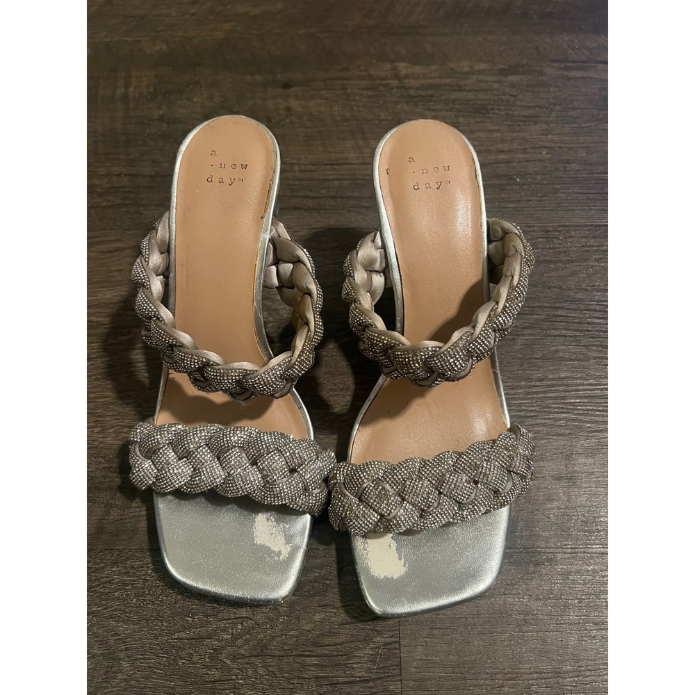 A New Day Womens Heeled Sandals Braided Rhinestone‎ Silver Size 8